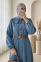 Baby Collar Half Zipper Pearl Detailed Belted Denim Dress - Ice Blue - 3