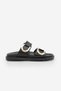 Women's Genuine Leather Gold Buckle Detailed Thick Sole Slippers Merpe Black - 3