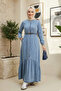 Women's Buttoned Belted Dark Blue Denim Dress - 4