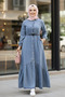 Women's Buttoned Belted Dark Blue Denim Dress - 3
