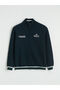 Navy Blue Stand Collar Embroidered Men's Knitwear Cardigan