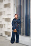Women's Garnished Collar Detail Denim Suit Navy Blue - 3
