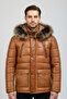 Tan Fur Hooded Inflatable Design Genuine Leather Coat with Button and Zipper Closure - 2
