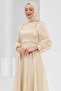 Beige Collar Waist Stoned Balloon Sleeve Evening Dress - 2