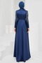 Navy Blue Satin Evening Dress with Stones on the Front - 5