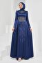 Navy Blue Satin Evening Dress with Stones on the Front