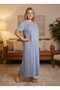 New Season Aviator Blue Summer Full-Length Design Lace Detailed Short Sleeve Plus Size (Oversized) Nightgown - 3