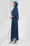 Navy Blue Draped Front Cape Evening Dress - 4