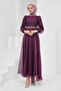 Purple Collar Waist Stoned Balloon Sleeve Evening Dress - 3