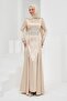 Beige Satin Evening Dress with Stones on the Front - 2