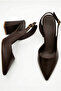 Women's Bitter Brown Leather Textured Asymmetrical Strap Pointed Toe Thick Heeled Shoes - 3