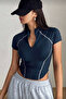 Spark Navy Blue Short Sleeve Lapel Zipper Slim Fit Blouse with Reverse Stitch Detail - 3