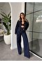 Women's Denim Suit Dark Blue Stone Embroidered High Waist Wide Leg Pants Jacket Two Piece Set