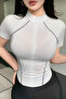 Spark White Short Sleeve Lapel Zipper Slim Fit Blouse with Reverse Stitch Detail