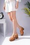 Tilda Model Genuine Leather Tan Cross-Band Buckle Detail Platform Thick Heel Women's Slippers - 5