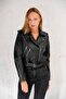 Short Leather Jacket with Double Zipper and Belt Detail