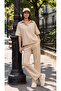 Beige Short Sleeve Polo Neck Oversized Women's T-Shirt - 2