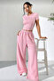 Candy Pink Short Sleeve Blouse and Wide Leg Sweatpants 2-Piece Set - 5