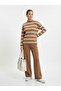 Women's Camel High Neck Striped Knitwear Top and Bottom Set Nj85