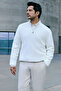 Standard Fit Regular Cut Polo Collar Jacquard Stretchy Long Sleeve Ecru Long Sleeve T-Shirt