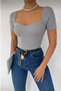 Women's Gray Heart Collar Short Sleeve Knitwear Blouse