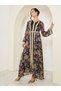 Women Black Printed Embroidered Golden Lace Kaftan