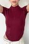 Spark Burgundy Short Sleeve Collar Zipper Slim Fit Blouse with Reverse Stitch Detail - 5
