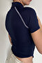 Spark Navy Blue Short Sleeve Lapel Zipper Slim Fit Blouse with Reverse Stitch Detail - 6