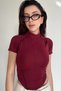 Spark Burgundy Short Sleeve Collar Zipper Slim Fit Blouse with Reverse Stitch Detail