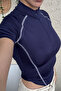 Spark Navy Blue Short Sleeve Lapel Zipper Slim Fit Blouse with Reverse Stitch Detail - 4