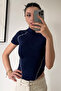 Spark Navy Blue Short Sleeve Lapel Zipper Slim Fit Blouse with Reverse Stitch Detail - 2