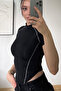 Spark Black Short Sleeve Lapel Zipper Slim Fit Blouse with Reverse Stitch Detail - 5