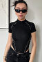 Spark Black Short Sleeve Lapel Zipper Slim Fit Blouse with Reverse Stitch Detail