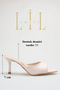 Heeled women's slippers - 7 cm thin heeled pointed toe women's slippers in nude patent leather - 7