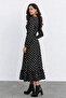Polka Dot Patterned Long Sleeve Midi Dress with Tie Detail – Black - 3