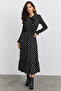 Polka Dot Patterned Long Sleeve Midi Dress with Tie Detail – Black