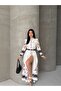 Atlas Fabric Floral Patterned Shirt Collar Button Detailed White Dress (Belt Included)-2634 - 3