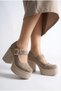 Women's High Platform Heeled Stylish Buckle Elastic Band Closed Toe Ballerina Loafer Shoes - 4