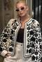 Women's Ecru Black Ribbed Floral Embroidered Linen Pinterest Seasonal Jacket with Sleeve Cuffs - 3