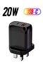 Fast Wall Charger with Dual Ports (PD + USB) for Quick Charging, 20W Power, Model BC202, Bra