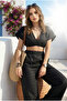 Relax Thin Linen Elastic Waist Pants with Elastic Back, Drop Model, Open Belly, Bohemian Crop Summer Set - 3