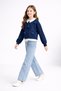 Navy Blue Pearl Embroidered Girl's Shirt Set with Badge and Jean Trousers 23600 - 3