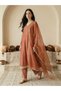 Orange V-Neck Zari Embroidered A-Line Kurta with Pants and Dupatta Set - 2