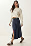 Belted Slit Midi Woven Skirt Lby0046 Dark Blue - 3