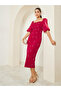Maroon Embellished Puff Sleeve Sheath Midi Dress
