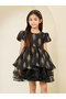 Girls Black Puff Sleeve Floral Jacquard Dress - 2
