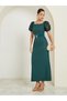 Green Lace Puff Sleeve Belted Sheath Maxi Dress - 2