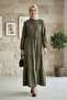 Women's Buttoned Lace-Up Khaki Hijab Linen Dress - 5