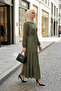 Women's Buttoned Lace-Up Khaki Hijab Linen Dress - 3