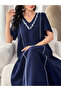 Women Navy Blue Embroidered A-Line Jalabiya - 2